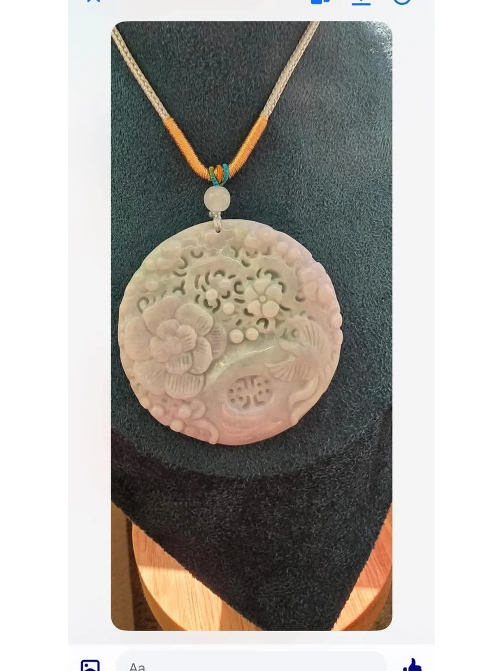 Jade Pale Green Carved Floral Round Pendant Necklace with Silver Cord